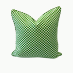 A square throw pillow featuring a green and gray checkerboard pattern, shown against a plain white background.