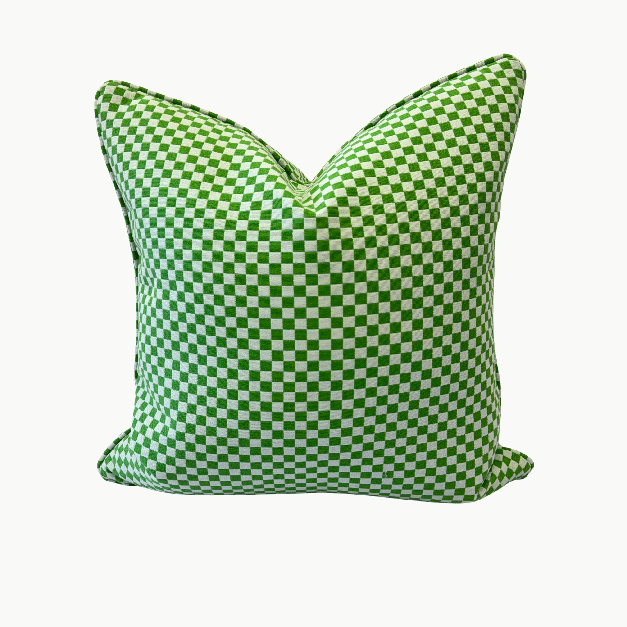 A square throw pillow featuring a green and gray checkerboard pattern, shown against a plain white background.