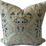 Arabian Birds Azure – Florence Broadhurst Cushion. Decorative pillow with intricate paisley pattern on a white background