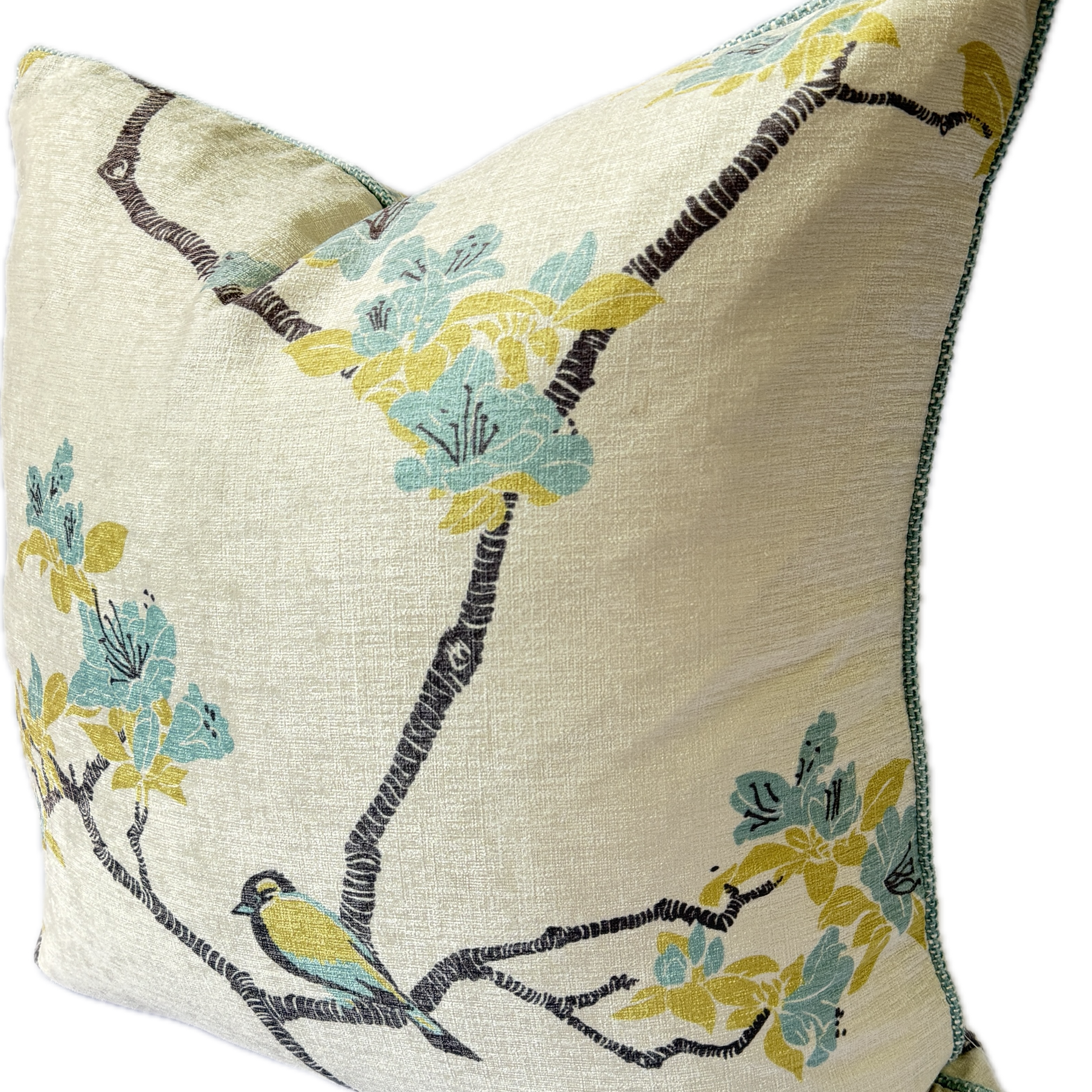 Azalea Waterfront Cushion By Florence Broadhurst 60cm by 60cm. Decorative pillow with floral and bird pattern on a white background