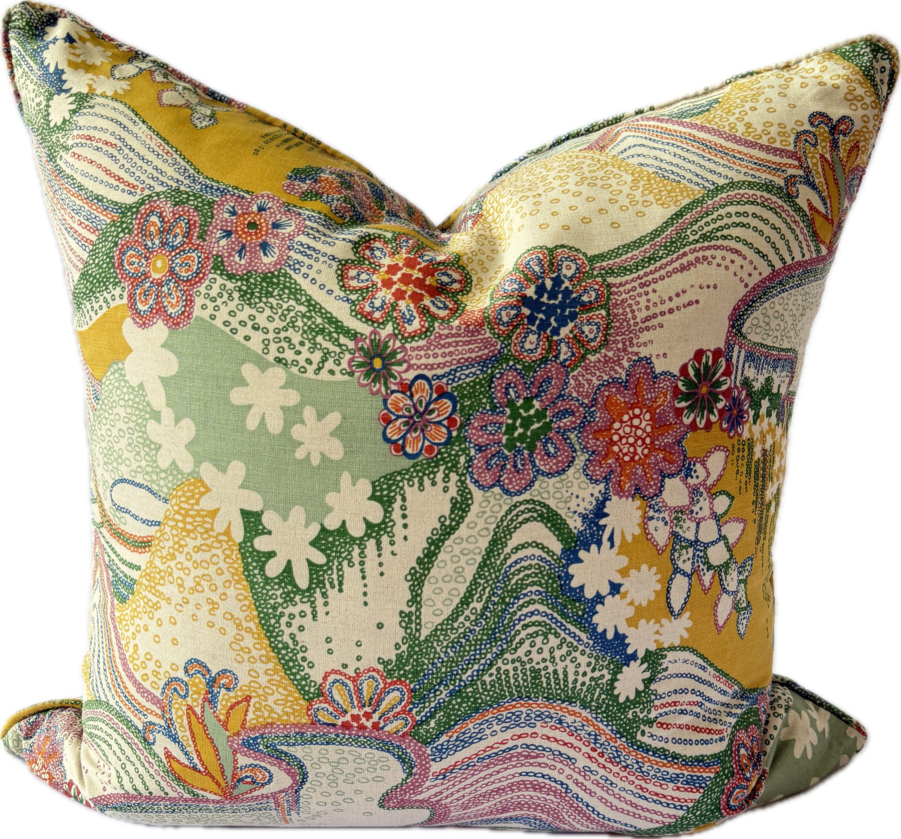 Daisy Chain Light Multi Linen Cushion by Schumacher Fabrics.