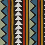 Embroidery on linen worked in stripes that are arranged around a geometric motif (chevron, vertical strip).
