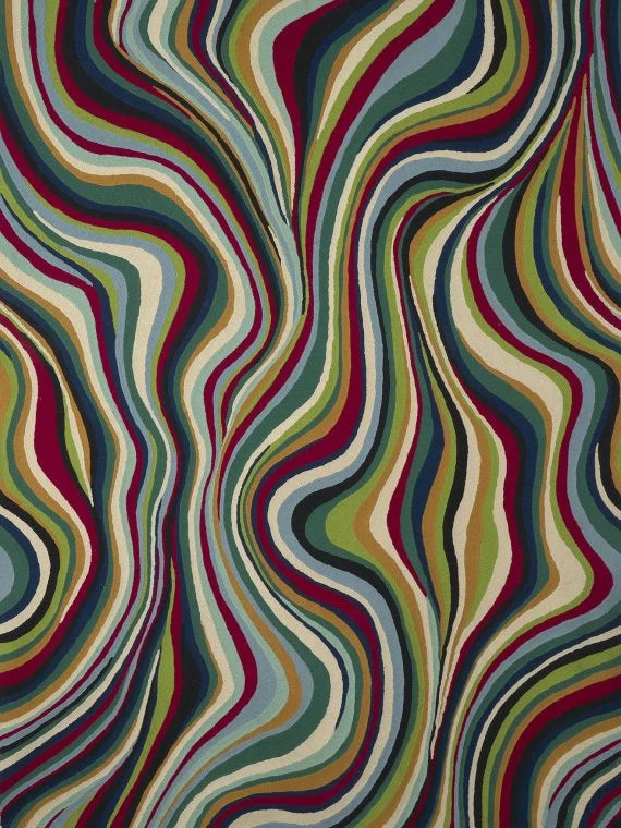 Abstract wavy patterned fabric with flowing vertical stripes in red, green, blue, beige, and dark navy tones.
