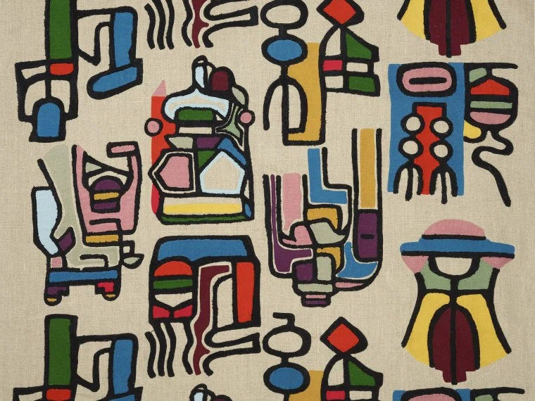 A close-up of a woven textile featuring an abstract, colorful geometric pattern on a light beige background.