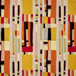 Abstract geometric textile pattern with vertical stripes and rectangular blocks in mustard yellow, orange, red, cream, beige, gray, and dark brown on a light neutral background.