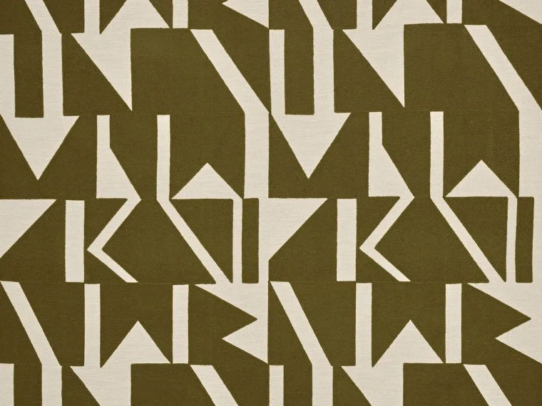 Geometric embroidery with a large contemporary pattern on linen twill.