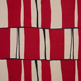Woven chennile textile pattern featuring alternating red and cream vertical stripes with thin black vertical lines and horizontal black bands.