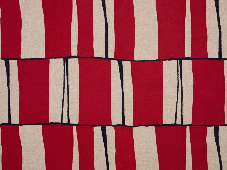 Woven chennile textile pattern featuring alternating red and cream vertical stripes with thin black vertical lines and horizontal black bands.
