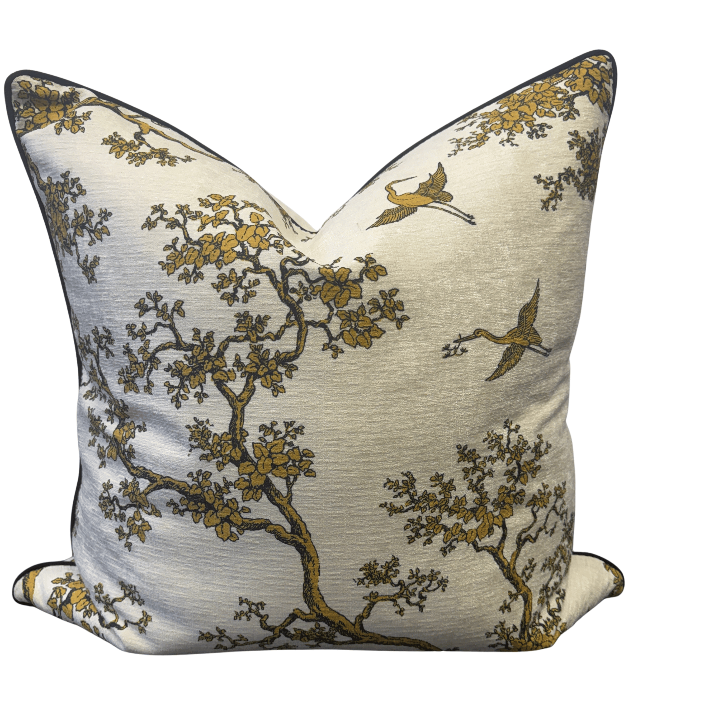 Florence Broadhurst Cranes Cushion with black velvet piping