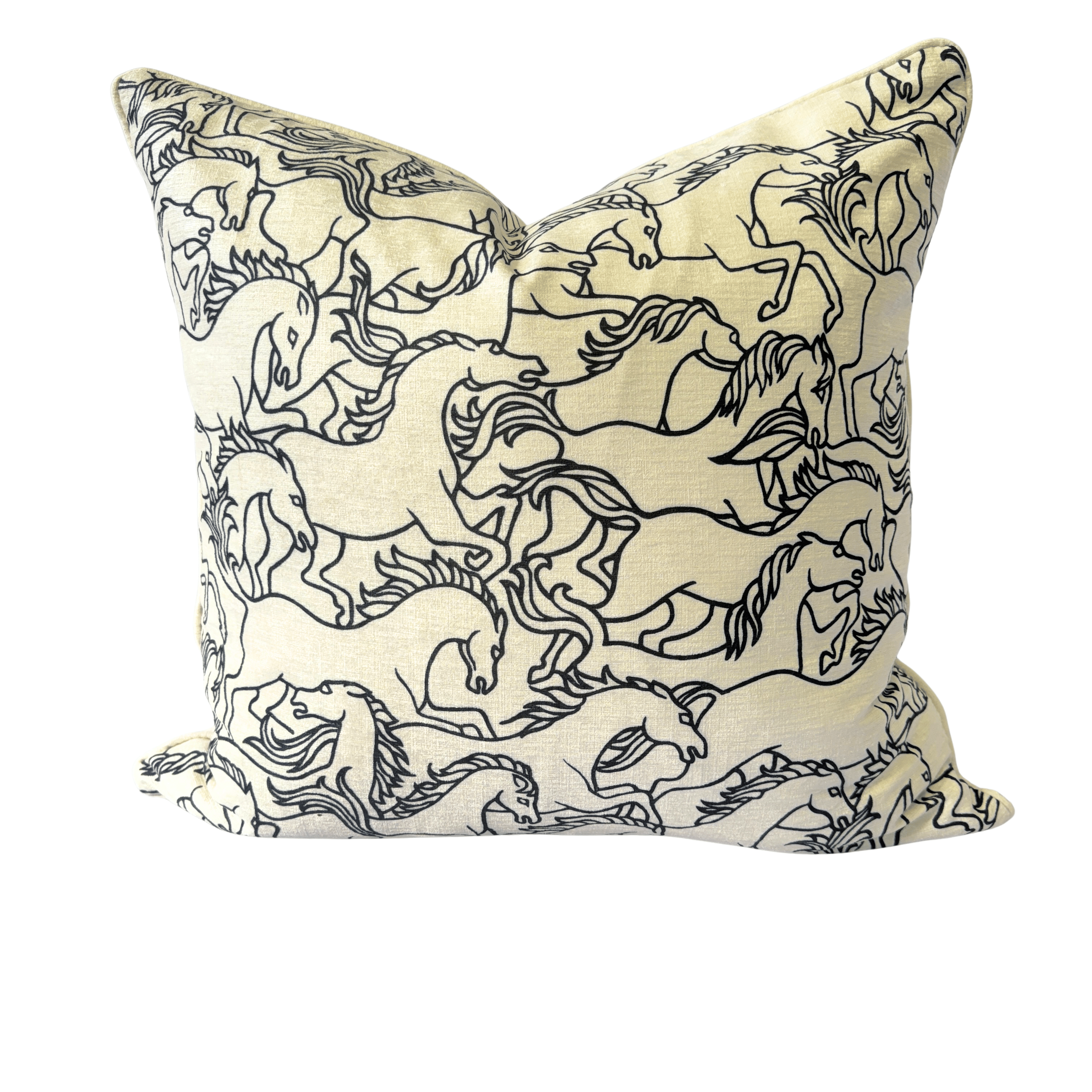 A square decorative throw pillow featuring a black line art print of running horses on a warm cream fabric background, shown against a plain white background.