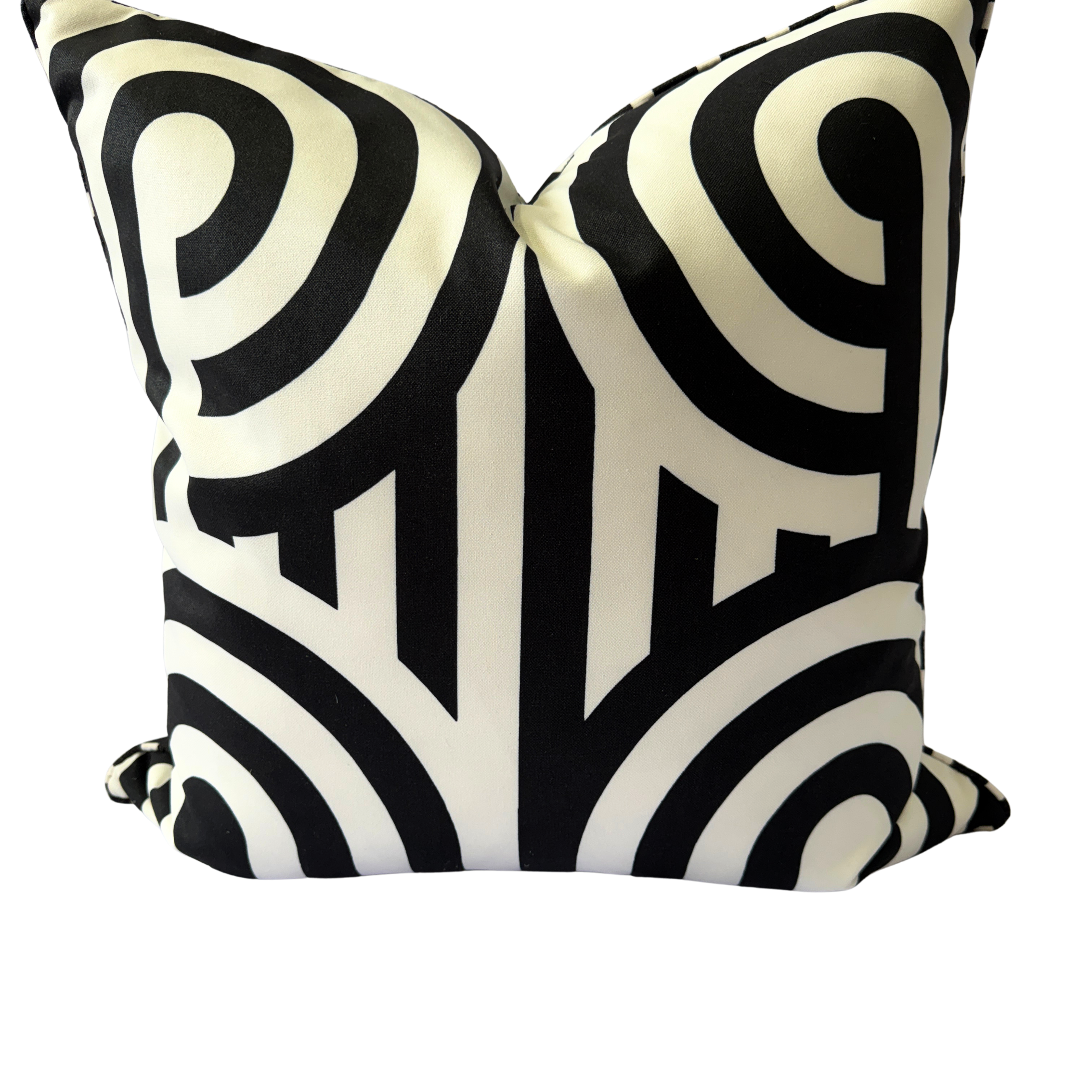 A square decorative throw pillow featuring a bold black and cream abstract swirl pattern, shown against a plain white background.