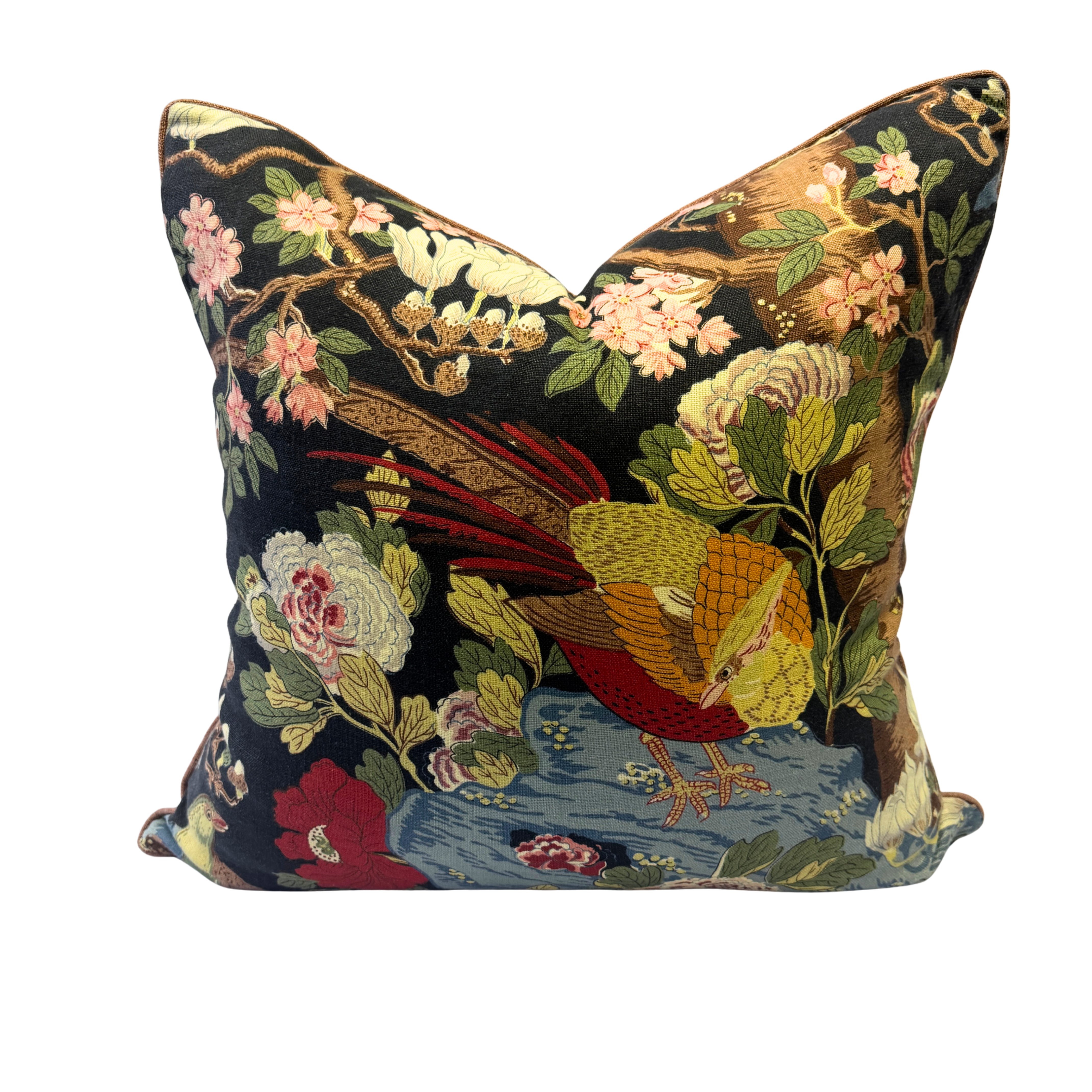 A square decorative throw pillow featuring an intricate tapestry-style design of a pheasant bird, flowers, and foliage on a black background, isolated on a white background.