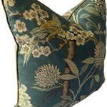 GP & J Baker Hydrangea Bird cushion Teal 60cm by 60cm. Decorative pillow with floral and bird pattern on a teal background