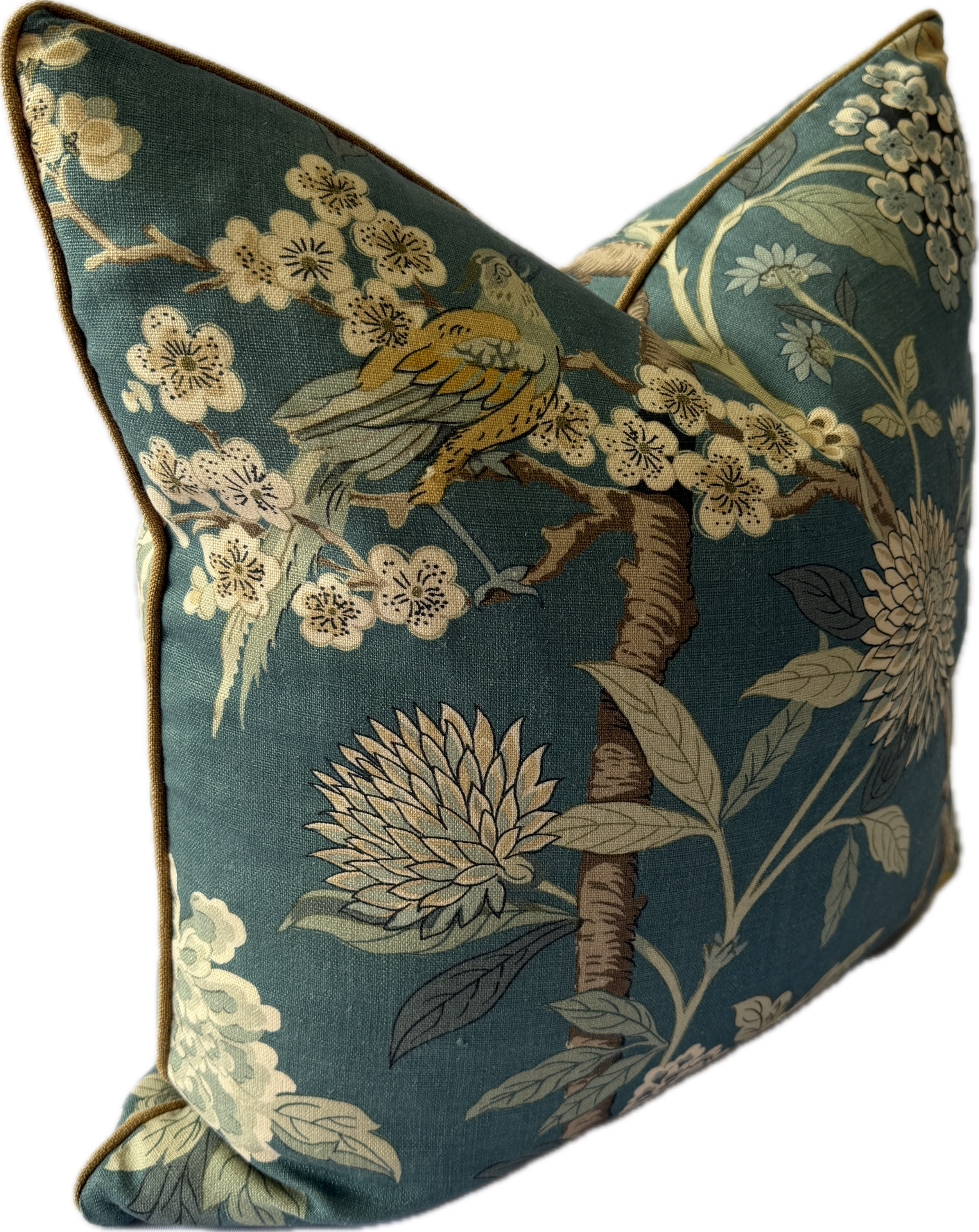 GP & J Baker Hydrangea Bird cushion Teal 60cm by 60cm. Decorative pillow with floral and bird pattern on a teal background