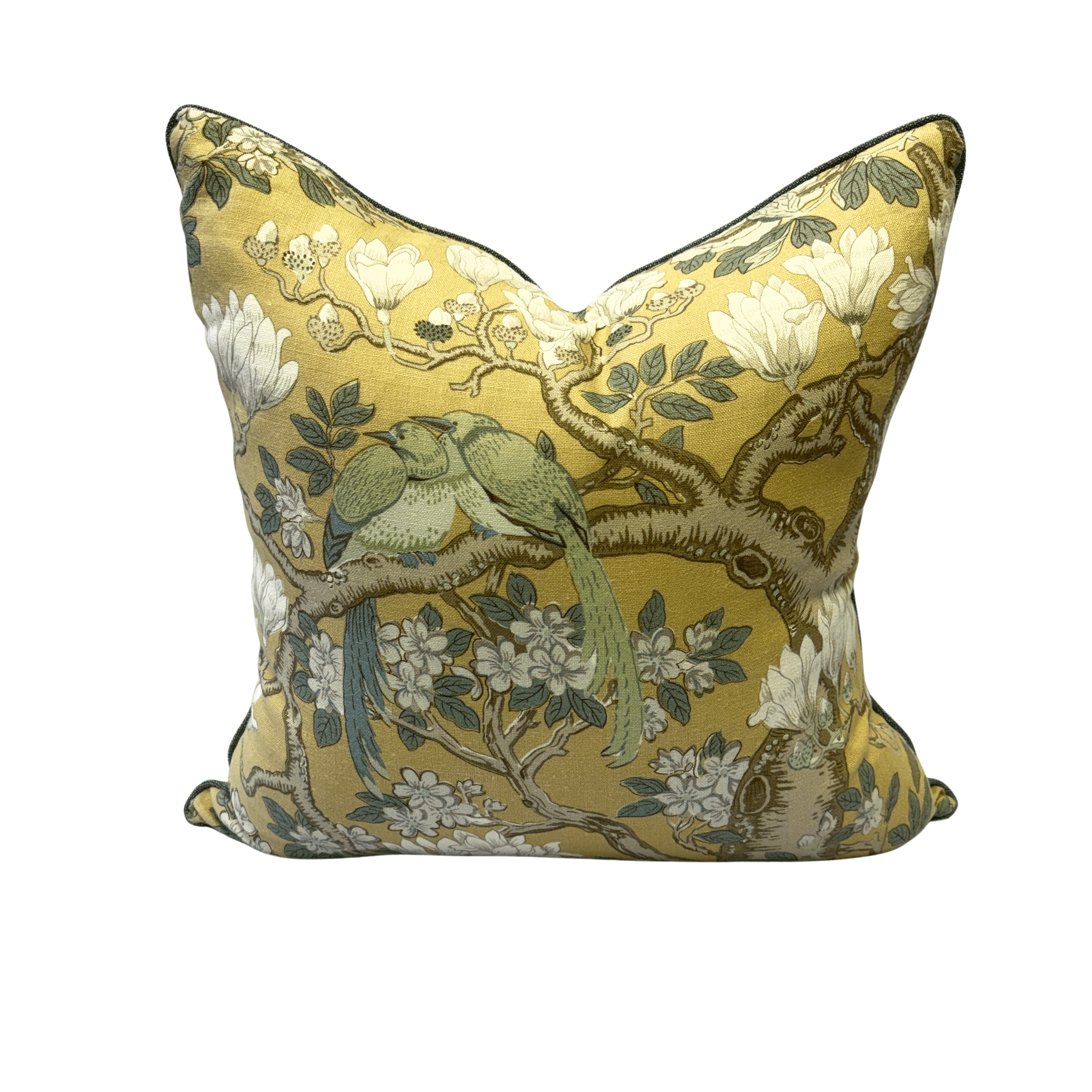 GP & J Baker Rockbird Ochre in blue & Green cushion with piping