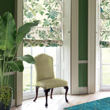 Hydrangea Bird Green Fabric Blinds GP J Baker. Green floral patterned roman blinds in a room with a chair, plant, and rug.