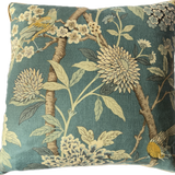 Hydrangea Bird Decorative pillow with floral and bird pattern on a teal background.