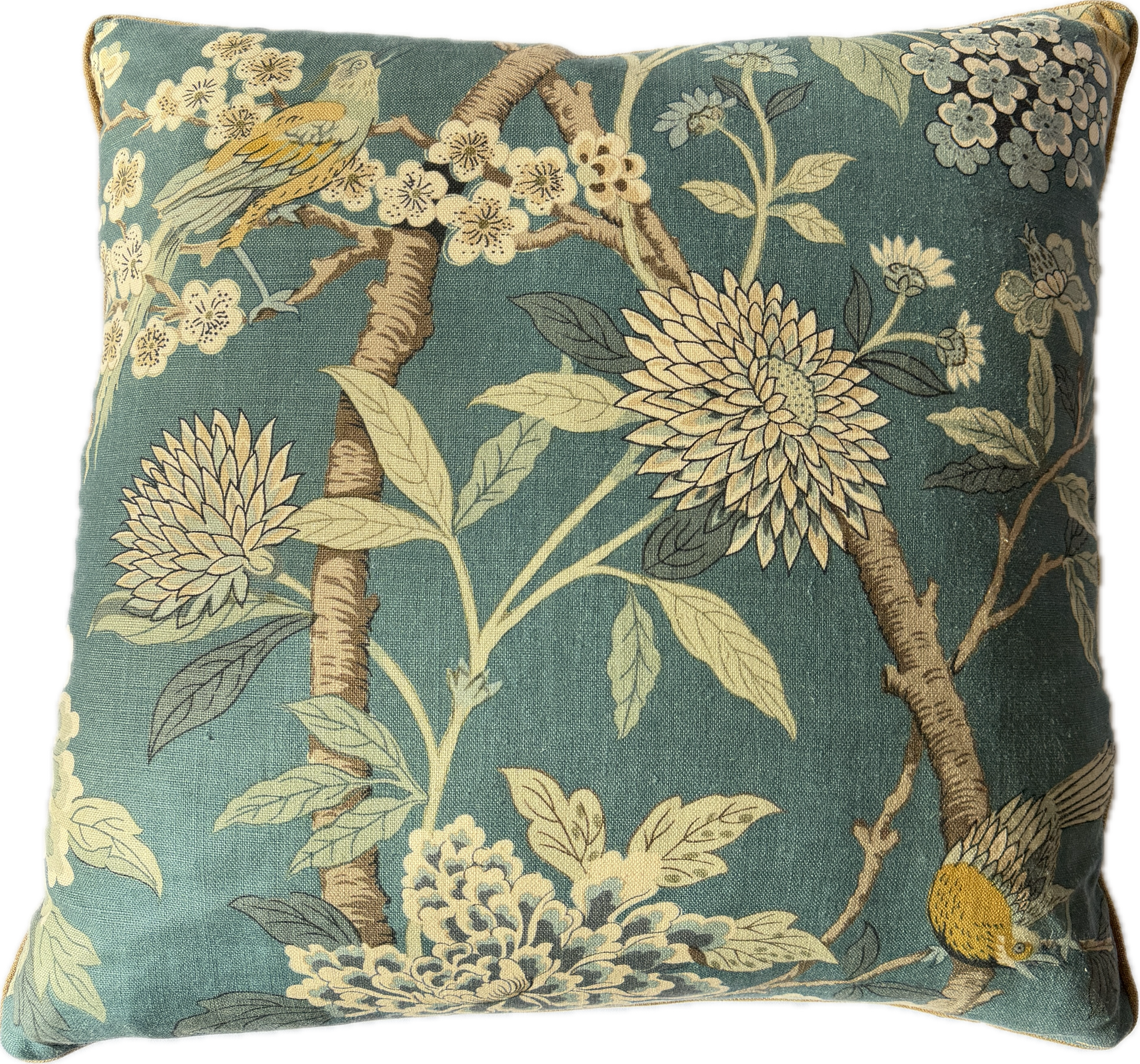 Hydrangea Bird Decorative pillow with floral and bird pattern on a teal background.