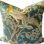 Hydrangea Bird cushion Teal 60cm by 60cm.
