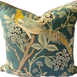 Hydrangea Bird cushion Teal 60cm by 60cm.