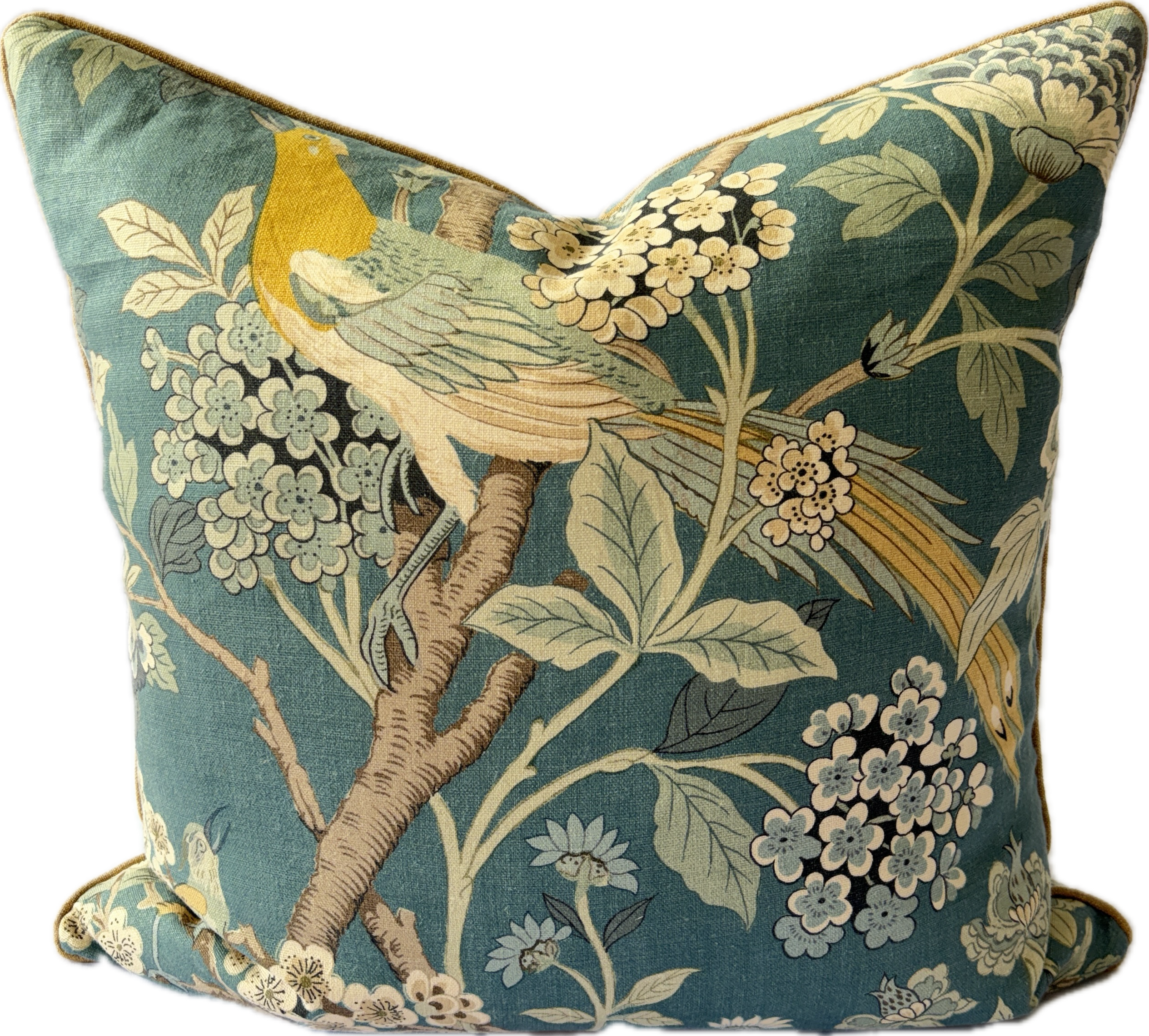 Hydrangea Bird cushion Teal 60cm by 60cm.