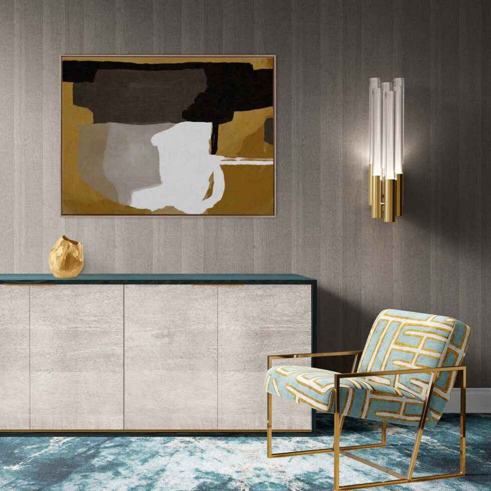 Modern interior with a chair, cabinet, and abstract painting on a gray wall.