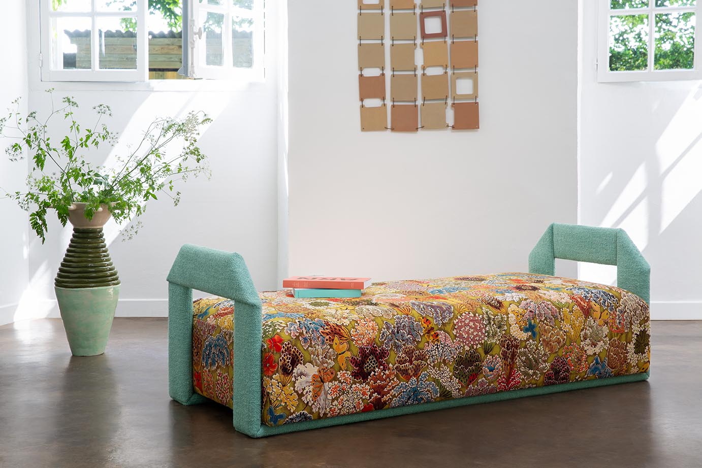 pierre frey Le Soleil Pour Temoin fabric on modern chaise.