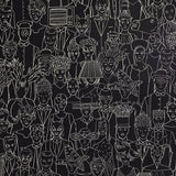 Black and white line art pattern featuring a dense collage of stylized human figures, faces, masks, and everyday objects in a detailed illustrative design.