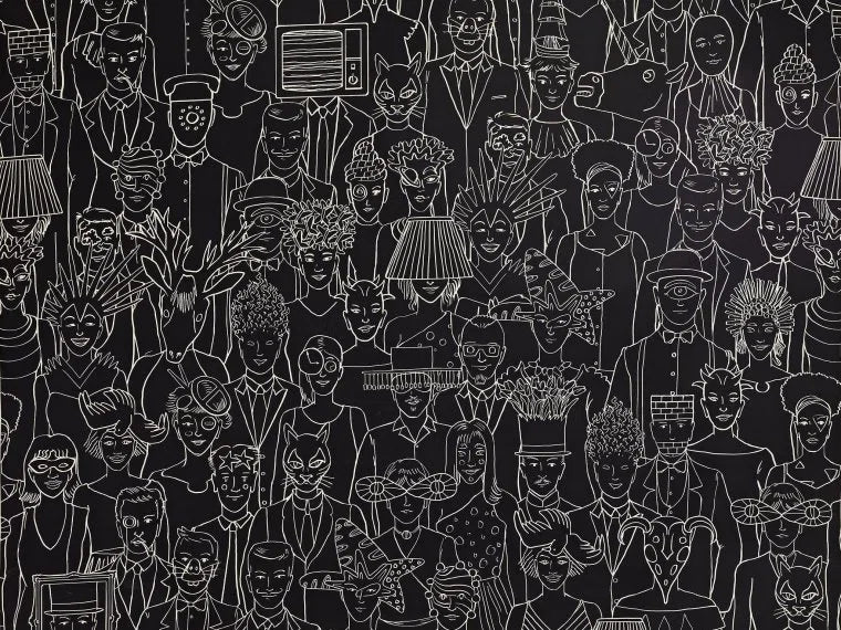 Black and white line art pattern featuring a dense collage of stylized human figures, faces, masks, and everyday objects in a detailed illustrative design.