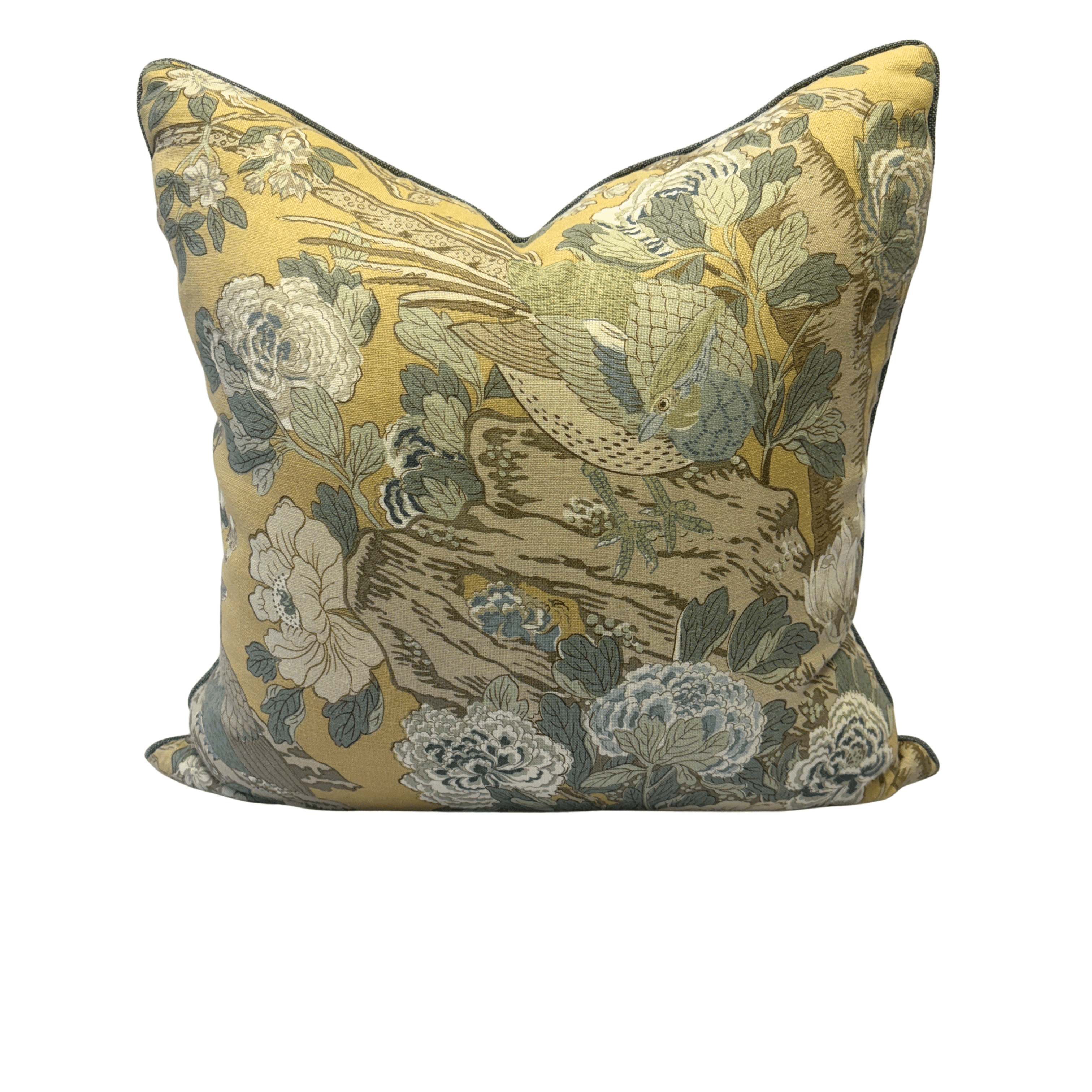 GP & J Baker Rockbird Ochre pillow in blue & Green