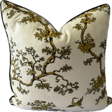 The Cranes Matinee By Florence Broadhurst. Decorative pillow with gold tree branch and leaf pattern on a white background