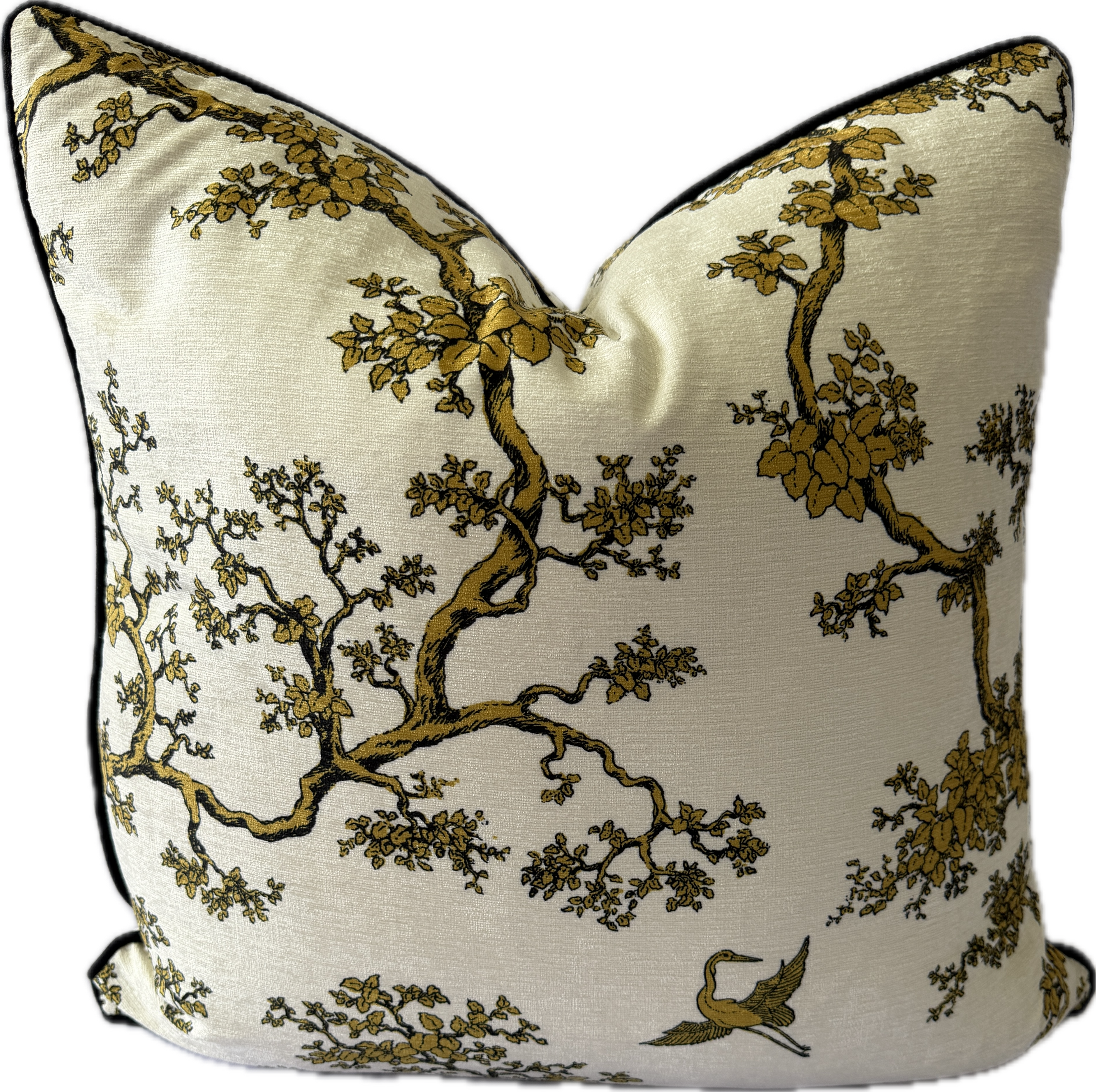 The Cranes Matinee By Florence Broadhurst. Decorative pillow with gold tree branch and leaf pattern on a white background