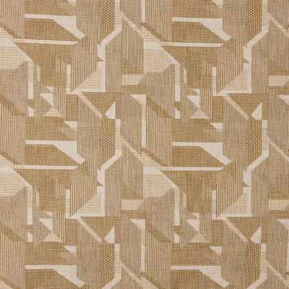 Warwick Braxton Mustard Geometric patterned fabric with brown and beige tones