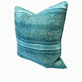 Jimmy pike hailstorm plants cushion side view 50cm by 50cm with feather inner and piping detail