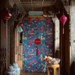Decorative interior with a wanly upholstered doors lanterns, and traditional decor.