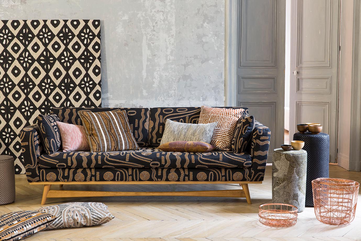 Sofa upholstered in pierre frey tasmaina Ebène fabric