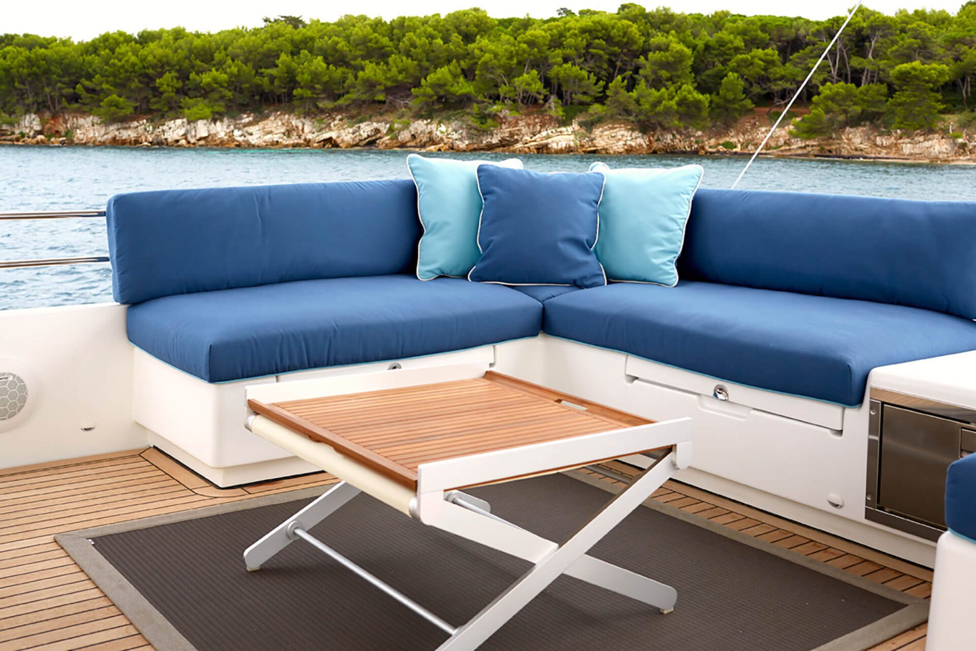 Sunbrella Pacific Blue Canvas for outdoor seating.